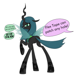 Size: 3000x3000 | Tagged: safe, artist:moonatik, imported from derpibooru, queen chrysalis, changeling, changeling queen, angry, bugbutt, butt, cheeselegs, dialogue, featureless crotch, female, flex tape, implied starlight glimmer, plot, queen chrysalis is not amused, raised tail, simple background, solo, tail, tail aside, transparent background, unamused, underhoof