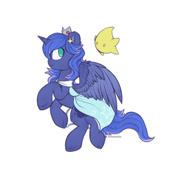 Size: 1280x1289 | Tagged: safe, artist:anotherdeadrat, imported from derpibooru, princess luna, alicorn, pony, clothes, crossover, crown, dress, female, jewelry, luma, mare, princess rosalina, regalia, rosalina, slim, super mario bros., super mario galaxy