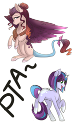 Size: 800x1348 | Tagged: safe, artist:h0mi3, imported from derpibooru, oc, oc only, draconequus, hybrid, pony, unicorn, adoptable, blaze (coat marking), coat markings, digital art, duo, facial markings, female, freckles, happy, interspecies offspring, mare, next generation, offspring, open mouth, parent:aria blaze, parent:discord, parent:princess celestia, parent:sunburst, parents:ariaburst, parents:dislestia, signature, simple background, socks (coat marking), socks (coat markings), white background