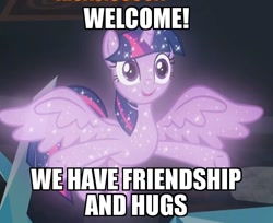 Size: 626x512 | Tagged: safe, edit, edited screencap, imported from derpibooru, screencap, tree of harmony, alicorn, pony, what lies beneath, cropped, female, friendship, hooves, hug, image macro, implied twilight sparkle, mare, meme, open hooves, school of friendship, smiling, solo, sparkles, spread wings, treelight sparkle, twilight sparkle (alicorn), welcome, wings