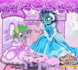 Size: 2800x2500 | Tagged: safe, artist:avchonline, imported from derpibooru, princess ember, spike, dragon, blushing, castle, clothes, clothes hanger, crossdressing, dress, food, jewelry, princess, sissy, sofia the first, spike the first, tea, tea party, tiara