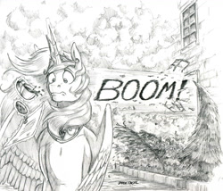 Size: 1300x1113 | Tagged: safe, artist:baron engel, imported from derpibooru, princess celestia, alicorn, pony, boom, cookie, cup, dreamscape, explosion, female, food, glowing horn, grayscale, magic, mare, monochrome, onomatopoeia, pencil drawing, story included, teacup, telekinesis, traditional art