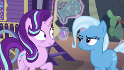 Size: 1280x720 | Tagged: safe, imported from derpibooru, screencap, starlight glimmer, trixie, pony, unicorn, road to friendship, duo, female, glass, jug, juice, magic, magic aura, mare, pitcher, telekinesis