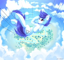 Size: 4679x4377 | Tagged: safe, artist:airiniblock, imported from derpibooru, oc, oc only, earth pony, pony, absurd resolution, cloud, commission, ear fluff, falling, male, rcf community, skydiving, smiling, solo, stallion