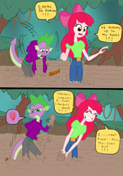 Size: 1024x1475 | Tagged: safe, artist:edcom02, artist:jmkplover, imported from derpibooru, apple bloom, spike, anthro, comic:fun in the mud, equestria girls, belt, boots, bow, clothes, comic, frustrated, hair bow, human coloration, jeans, mud, pants, pulling, pulling out, quicksand, shirt, shoes, sinking, stuck, tree