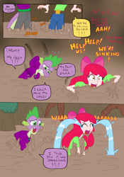 Size: 1024x1464 | Tagged: safe, artist:edcom02, artist:jmkplover, imported from derpibooru, apple bloom, spike, comic:fun in the mud, equestria girls, belt, bow, clothes, comic, crying, equestria girls-ified, hair bow, human coloration, mud, ocular gushers, pulling out, quicksand, screaming, shirt, sinking