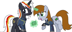 Size: 1385x616 | Tagged: safe, artist:pegasski, imported from derpibooru, oc, oc only, oc:littlepip, oc:velvet remedy, pony, unicorn, fallout equestria, base used, clothes, cutie mark, duo, eyelashes, fanfic, fanfic art, female, glowing horn, hooves, horn, jumpsuit, levitation, magic, mare, open mouth, pipbuck, raised hoof, simple background, smiling, telekinesis, transparent background, unicorn oc, vault suit