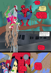 Size: 1024x1452 | Tagged: safe, artist:edcom02, artist:jmkplover, imported from derpibooru, apple bloom, applejack, spike, twilight sparkle, comic:fun in the mud, equestria girls, boots, bow, comic, crossover, hair bow, hose, human coloration, mud, shoes, spider web, spider-man, train, tree, water