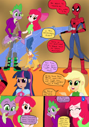 Size: 1024x1465 | Tagged: safe, artist:edcom02, artist:jmkplover, imported from derpibooru, apple bloom, applejack, spike, twilight sparkle, alicorn, comic:fun in the mud, equestria girls, belt, boots, bow, cleaning, clothes, comic, cowboy hat, crossover, equestria girls-ified, hair bow, hat, hose, human coloration, jeans, mud, nervous, pants, shirt, shoes, spider-man, twilight sparkle (alicorn), washing, water