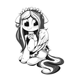 Size: 2000x2000 | Tagged: safe, artist:confetticakez, imported from derpibooru, oc, oc only, oc:jet stream, pegasus, pony, blushing, choker, clothes, cute, dress, embarrassed, floppy ears, maid, monochrome, shy, simple background, solo, transparent background