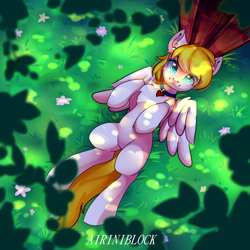 Size: 2222x2222 | Tagged: safe, artist:airiniblock, imported from derpibooru, oc, oc only, oc:wholeheart, pegasus, pony, belly button, collar, cute, dappled sunlight, featureless crotch, flower, grass, looking at you, male, on back, rcf community, smiling, solo, stallion, tree, ych result