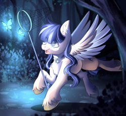 Size: 2165x1999 | Tagged: safe, artist:airiniblock, imported from derpibooru, oc, oc only, oc:eun byeol, dragonfly, pegasus, pony, collar, female, freckles, glow, glowing, grass, mare, net, open mouth, rcf community, solo, tree, ych result