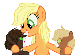 Size: 948x692 | Tagged: safe, artist:eclipsedesert, imported from derpibooru, applejack, oc, oc:clove, oc:jack, earth pony, pony, baby, baby pony, base used, colt, female, filly, grin, loose hair, male, mommajack, mother and child, offspring, parent:applejack, parent:trouble shoes, parent:troubleshoes clyde, parents:troublejack, side hug, simple background, smiling, white background