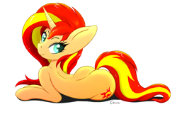 Size: 2700x1817 | Tagged: safe, artist:canister, imported from derpibooru, sunset shimmer, pony, unicorn, bunset shimmer, butt, curvy, female, mare, plot, solo