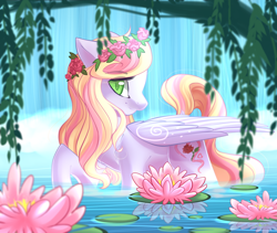 Size: 2220x1878 | Tagged: safe, artist:airiniblock, imported from derpibooru, oc, oc only, oc:rosely, pegasus, pony, cottagecore, cute, female, flower, flower in hair, looking at you, mare, rcf community, smiling, solo, tree, water, waterfall, ych result