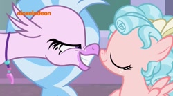 Size: 639x355 | Tagged: safe, imported from derpibooru, screencap, cozy glow, silverstream, pegasus, pony, what lies beneath, boop, duo, female, filly, mid-blink screencap, noseboop