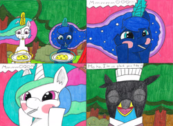 Size: 4317x3160 | Tagged: safe, artist:eternaljonathan, imported from derpibooru, princess celestia, princess luna, oc, oc:nemo, alicorn, griffon, comic:first three back, chef, clothes, comic, deviantart, disguise, eating, egg, food, forest, guardian, levitation, magic, nest, royal sisters, telekinesis, this will end in weight gain, traditional art