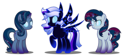 Size: 3685x1699 | Tagged: safe, artist:stellardusk, imported from derpibooru, starlight glimmer, sunset shimmer, twilight sparkle, alicorn, pony, unicorn, alternate hairstyle, artificial wings, augmented, female, glowing eyes, magic, magic wings, mare, simple background, transparent background, trio, twilight sparkle (alicorn), vector, void, void elf, void pony, warcraft, wings, world of warcraft