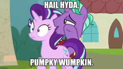 Size: 888x499 | Tagged: safe, edit, edited screencap, imported from derpibooru, screencap, firelight, starlight glimmer, the parent map, captain america, father and daughter, female, hail hydra, male, meme, misspelling, pumpky wumpkin, whispering