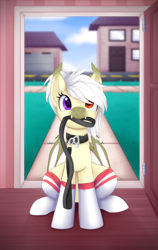 Size: 1024x1621 | Tagged: safe, artist:scarlet-spectrum, imported from derpibooru, oc, oc only, bat pony, pony, bat pony oc, bat wings, blurred background, blurry background, clothes, collar, cute, cute little fangs, digital art, fangs, female, hair over one eye, heterochromia, house, leash, looking at you, mare, pony pet, socks, solo, white hair, white mane, white tail