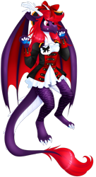 Size: 1024x1877 | Tagged: safe, artist:scarlet-spectrum, imported from derpibooru, oc, oc only, oc:scarlet spectrum, anthro, digitigrade anthro, dracony, hybrid, anthro oc, blushing, bow, claws, clothes, digital art, dragon wings, female, hair bow, hat, horns, mare, pirate, pirate costume, pirate hat, red hair, red mane, red tail, simple background, solo, transparent background