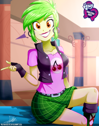 Size: 920x1160 | Tagged: safe, artist:the-butch-x, imported from derpibooru, part of a set, cherry crash, equestria girls, background human, boots, breasts, busty cherry crash, butch's hello, clothes, cute, ear piercing, earring, equestria girls logo, female, fingerless gloves, gloves, hello x, jewelry, leather vest, looking at you, miniskirt, piercing, plaid skirt, rocker, sexy, shoes, sitting, skirt, smiling, solo, thighs