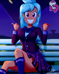 Size: 920x1160 | Tagged: safe, artist:the-butch-x, imported from derpibooru, part of a set, frosty orange, equestria girls, friendship games, background human, bowtie, butch's hello, clothes, crystal prep academy uniform, cute, female, grin, hello x, looking at you, night, plaid skirt, pleated skirt, school uniform, schrödinger's pantsu, sitting, skirt, smiling, solo, thighs