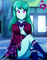 Size: 920x1160 | Tagged: safe, artist:the-butch-x, imported from derpibooru, part of a set, cold forecast, equestria girls, friendship games, ass, background human, big breasts, bowtie, breasts, busty cold forecast, butch's hello, butt, clothes, cold forec-ass, crystal prep academy uniform, equestria girls logo, female, hello x, kneesocks, looking at you, plaid skirt, pleated skirt, raised eyebrow, school uniform, schrödinger's pantsu, skirt, skirt lift, socks, solo, thighs, unamused, under skirt, unimpressed, upskirt, upskirt denied