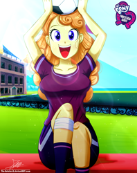 Size: 920x1160 | Tagged: safe, artist:the-butch-x, imported from derpibooru, part of a set, orange sherbette, equestria girls, athletic tape, background human, ball, breasts, busty orange sherbette, butch's hello, clothes, cute, female, hello x, leg band, looking at you, open mouth, shorts, sitting, smiling, solo, sports, sweat