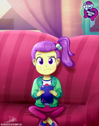 Size: 920x1160 | Tagged: safe, artist:the-butch-x, imported from derpibooru, part of a set, lily pad (equestria girls), equestria girls, equestria girls series, pinkie sitting, background human, butch's hello, clothes, couch, crossed legs, cute, equestria girls logo, female, hello x, lily pad (g4), looking at you, raised eyebrow, sitting, solo, stranger danger