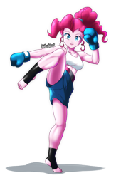 Size: 2720x4000 | Tagged: safe, artist:danmakuman, imported from derpibooru, part of a set, pinkie pie, equestria girls, barefoot, boxing gloves, boxing shorts, clothes, commission, feet, female, foot pad, kickboxing, kicking, martial arts, muscles, pinkie pump, raised leg, simple background, smiling, solo, sports bra, sports shorts, training, transparent background