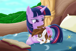 Size: 3205x2160 | Tagged: safe, artist:lifesharbinger, imported from derpibooru, pipsqueak, twilight sparkle, earth pony, pony, unicorn, bed, book, colt, cute, female, golden oaks library, hooficure, male, mama twilight, mare, pillow, platonic, prone, reflection, shiny, twipip