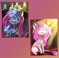 Size: 920x897 | Tagged: safe, artist:creepymercfun, imported from derpibooru, oc, oc only, oc:tarot, classical unicorn, pony, unicorn, autumn, candle, chibi, cloven hooves, curved horn, cute, digital art, female, floppy ears, freckles, frown, halloween, horn, knife, leonine tail, long mane, long tail, magic, mare, owo, palomino, pink mane, pumpkin, pumpkin carving, sitting, solo, sunlight, unshorn fetlocks, ych result