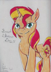 Size: 1700x2394 | Tagged: safe, artist:chiptunebrony, imported from derpibooru, sunset shimmer, equestria girls, 2018, bacon hair, bedroom eyes, cutie mark, female, handwritten text, mare, signature, smiling, sunset shimmer day, traditional art