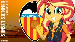 Size: 1273x717 | Tagged: safe, imported from derpibooru, sunset shimmer, bat, equestria girls, equestria girls series, adidas, geode of empathy, la liga santander, mestalla stadium, spain, valencia, valencia cf