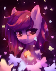 Size: 1712x2177 | Tagged: safe, artist:hikerumin, imported from derpibooru, oc, oc only, oc:mystic blare, butterfly, earth pony, pony, beautiful, bell, bell collar, bust, collar, commission, cute, femboy, fluffy, looking at you, male, portrait, smiling, solo, sparkles, stallion, trap, ych result