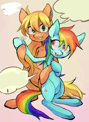 Size: 840x1155 | Tagged: safe, artist:akomaru, imported from derpibooru, applejack, rainbow dash, earth pony, pegasus, pony, female, looking at you, mare, smiling, waving