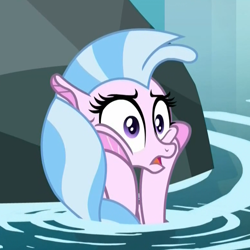 Size: 780x780 | Tagged: safe, edit, edited screencap, imported from derpibooru, screencap, silverstream, seapony (g4), what lies beneath, cropped, female, hooves on cheeks, nightmare cave, panic, panic attack, panicking, reaction image, rock, scared, seapony silverstream, water, wide eyes