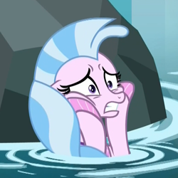 Size: 780x780 | Tagged: safe, edit, edited screencap, imported from derpibooru, screencap, silverstream, seapony (g4), what lies beneath, cropped, female, hooves on cheeks, nightmare cave, panic, panic attack, panicking, reaction image, rock, scared, seapony silverstream, water