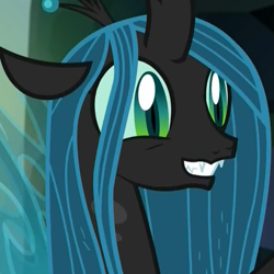 Size: 807x807 | Tagged: safe, imported from derpibooru, screencap, ocellus, queen chrysalis, changedling, changeling, changeling queen, what lies beneath, cropped, cute, cutealis, diaocelles, disguise, disguised changeling, dork, dorkalis, fake chrysalis, fangs, female, floppy ears, implied chrysalis, nightmare cave, queen chrysellus, smiling, when she smiles, wide eyes