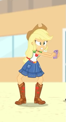 Size: 287x526 | Tagged: safe, imported from derpibooru, screencap, applejack, equestria girls, equestria girls series, rollercoaster of friendship, belt, boots, cellphone, clothes, cowboy boots, cowboy hat, cropped, denim skirt, female, freckles, hat, phone, shoes, skirt, smartphone, stetson