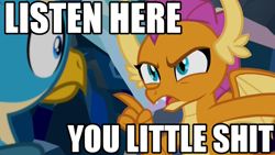 Size: 1024x576 | Tagged: safe, edit, edited screencap, editor:anonycat, imported from derpibooru, screencap, gallus, smolder, what lies beneath, image macro, listen here, listen here you little, meme, text, vulgar