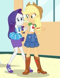 Size: 415x540 | Tagged: safe, imported from derpibooru, screencap, applejack, rarity, equestria girls, equestria girls series, rollercoaster of friendship, belt, boots, clothes, cowboy boots, cowboy hat, cropped, denim skirt, female, freckles, geode of shielding, geode of super strength, hat, high heels, rarity peplum dress, shoes, skirt, stetson