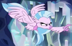 Size: 1370x883 | Tagged: safe, imported from derpibooru, screencap, silverstream, classical hippogriff, hippogriff, what lies beneath, angry, beak, eyelashes, female, flying, narrowed eyes, pointing, school of friendship, solo, spread wings, wings