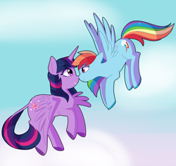 Size: 2434x2294 | Tagged: safe, artist:emera33, imported from derpibooru, rainbow dash, twilight sparkle, alicorn, pegasus, pony, boop, cute, dashabetes, female, flying, lesbian, looking at each other, mare, noseboop, shipping, simple background, sky, smiling, twidash, twilight sparkle (alicorn), white background