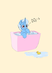 Size: 4000x5583 | Tagged: safe, artist:kittytitikitty, imported from derpibooru, trixie, pony, unicorn, 30 minute art challenge, bath, bathtub, blushing, cute, diatrixes, female, mare, oops, rubber duck, simple background, solo, water