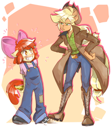 Size: 1300x1500 | Tagged: safe, artist:thegreatrouge, imported from derpibooru, apple bloom, applejack, anthro, plantigrade anthro, the washouts (episode), banana, bananabloom, boots, bow, clothes, coat, cowboy hat, dishonorapple, dungarees, female, food, fruit, grin, hair bow, hand on hip, hands behind back, hat, hiding, jeans, johnny johnny yes papa, nervous, overalls, pants, shifty, shoes, siblings, sisters, smiling, stetson