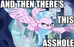 Size: 1024x660 | Tagged: safe, edit, edited screencap, editor:anonycat, imported from derpibooru, screencap, silverstream, classical hippogriff, hippogriff, what lies beneath, and then there's this asshole, female, flying, image macro, meme, narrowed eyes, pointing, solo, vulgar