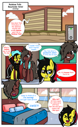 Size: 2369x3830 | Tagged: safe, artist:takaneko13, imported from derpibooru, oc, oc:cyser, oc:zedwin, earth pony, pony, comic:sleep over, clothes, comic, cywin, dialogue, female, hotel, hotel room, male, mare, stallion, towel