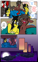 Size: 2369x3830 | Tagged: safe, artist:takaneko13, imported from derpibooru, princess luna, oc, oc:cyser, oc:dusk, oc:zedwin, earth pony, pony, comic:sleep over, bed, clothes, comic, couch, cywin, dialogue, female, food, hotel, hotel room, male, mare, moon, night, popcorn, sleeping, stallion, waiter